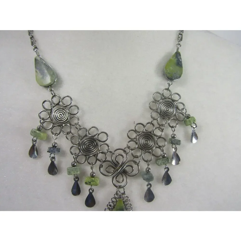 Green Marble Silver Tone Tear‎ Drop Statement Bead Neckalace Boho Cottagecore